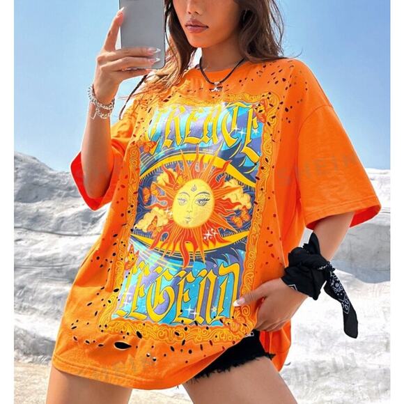 Women's Oversized Drop Shoulder Orange Tee - Picture 2 of 5